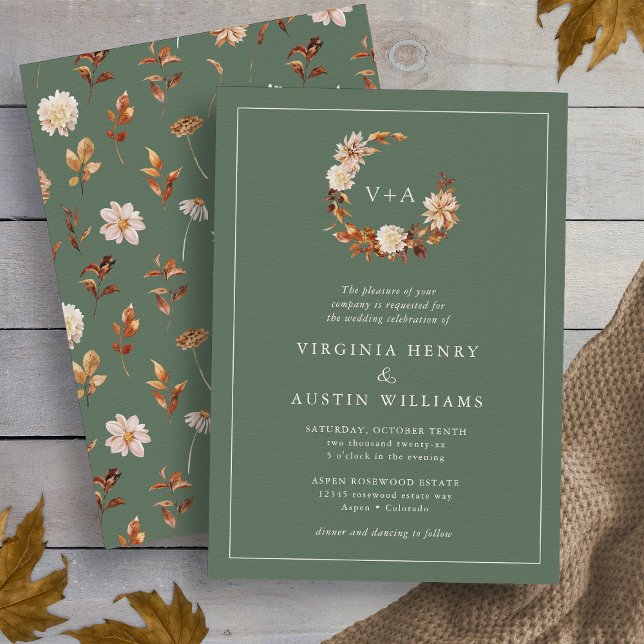 Invitación Sage Monogrammed Boda (Autumn Leaves Sage Green Monogrammed Wreath  Wedding Invitation by Painted Paperie
)