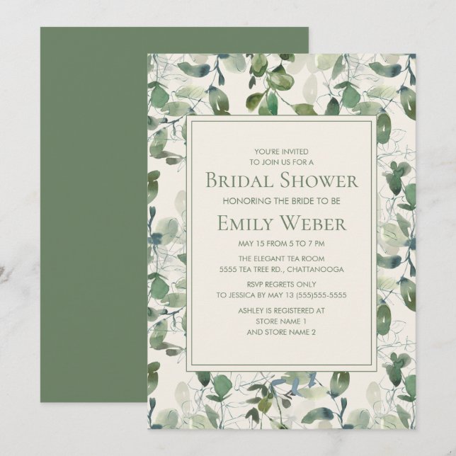 Invitación Sage Moss Green Eucalyptus deja ducha de novia (Anverso / Reverso)
