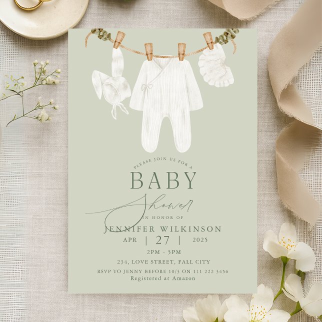 Invitación Sage Neutral Boho Clothes Line Baby Shower (Sage Neutral Boho Clothes Line Baby Shower Invitation)