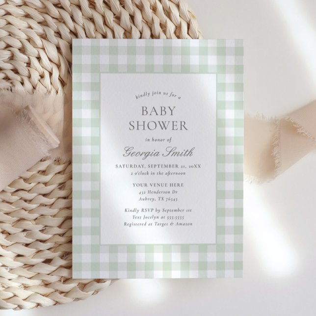 Invitación Sage Neutral Green Gingham Baby Shower (Subido por el creador)