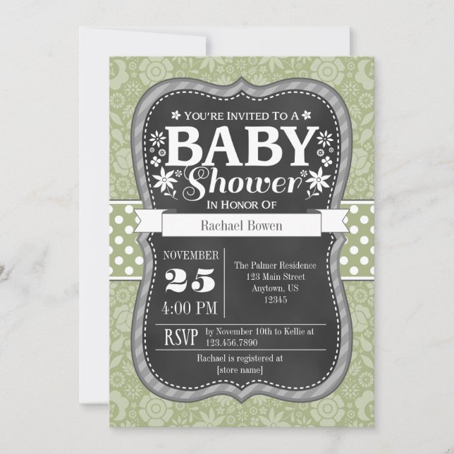 Invitación Sage Olive Green Chalkboard Floral Baby Shower (Anverso)