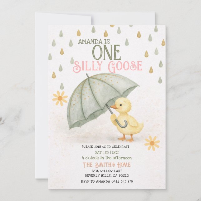 Invitación Sage One Silly Goose First Birthday Invitation (Anverso)