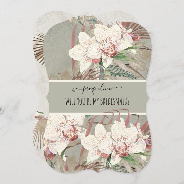 Invitación Sage Orquídea Tropical Floral Sé mi Dama de Honor (Anverso / Reverso)