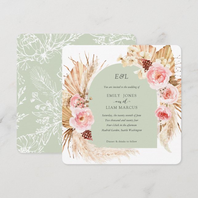 Invitación Sage Pampas Grass Boho Floral Square boda (Anverso / Reverso)
