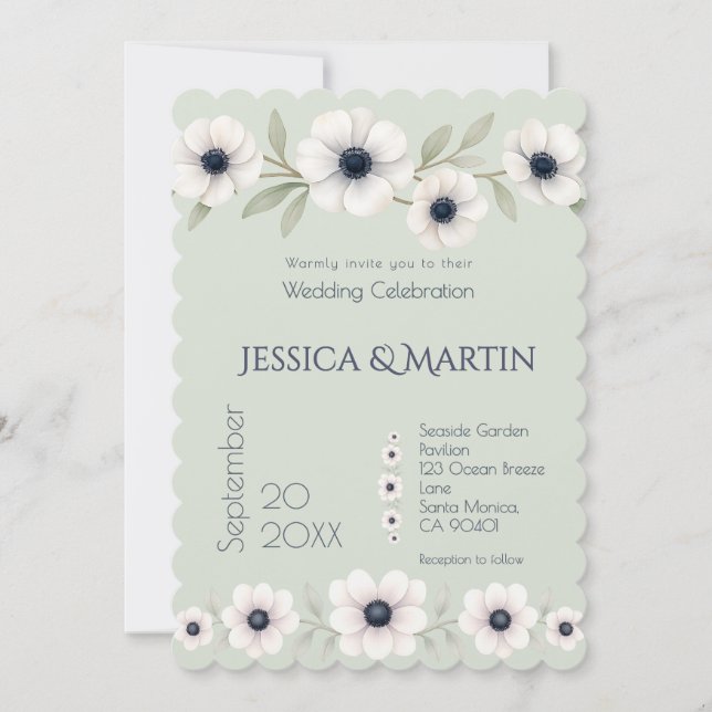 Invitación Sage Pastel Blue Ivory Anemone Boda eterno (Anverso)