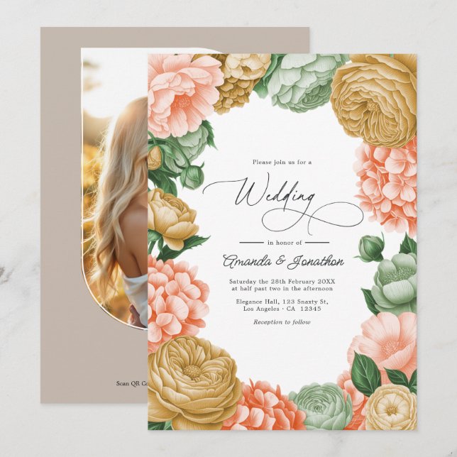 Invitación Sage, Peach & Antique Gold Floral Wedding (Anverso / Reverso)