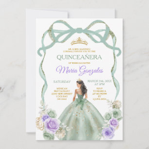 Invitación Sage Purple Bow Princess Crown de oro Quinceañera
