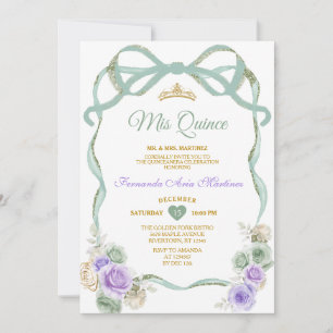 Invitación Sage Purple Floral Bow Ribbon Gold Chica Mis Quinc