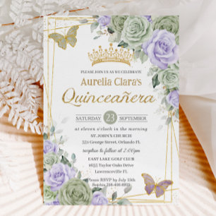 Invitación Sage Purple Floral Butterflies Gold Quinceanera