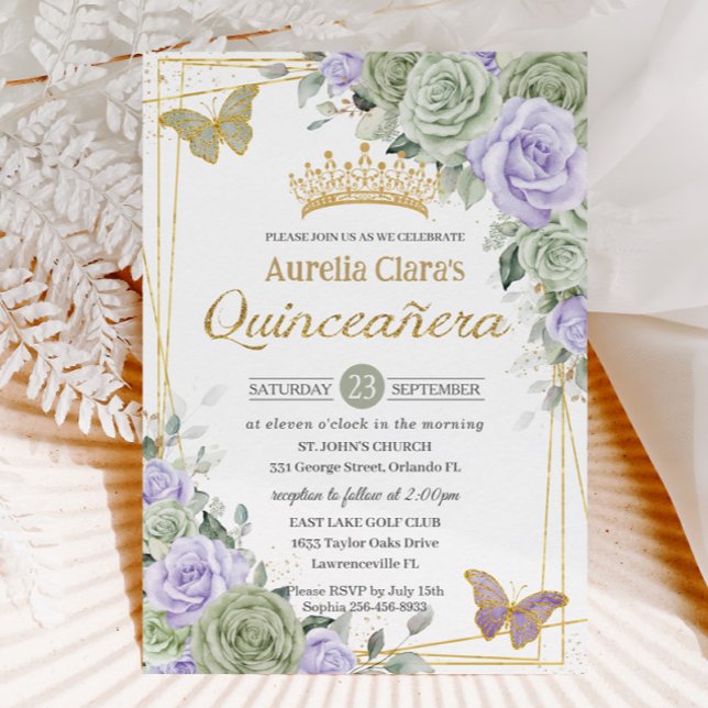 Invitación Sage Purple Floral Butterflies Gold Quinceanera (Subido por el creador)