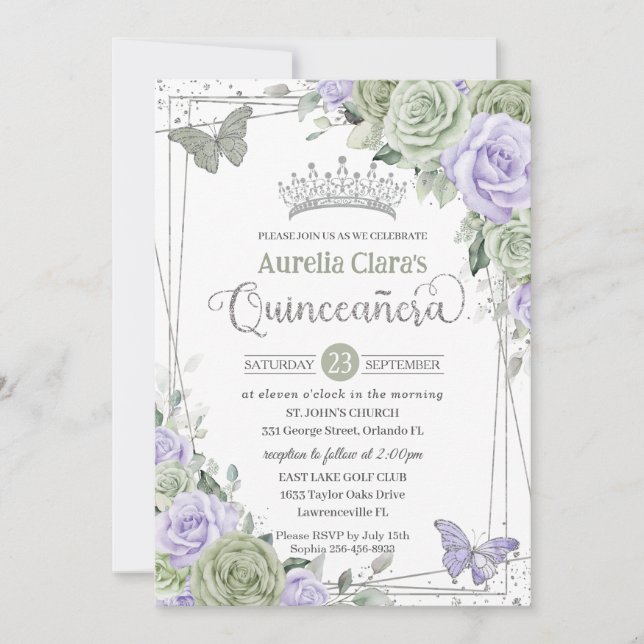 Invitación Sage Purple Floral Butterflies Quinceanera (Anverso)