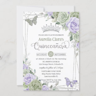 Invitación Sage Purple Floral Butterflies Quinceanera