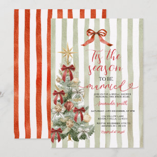 Invitación Sage Rayas Lazo Rojo Navidad Árbol Pareja Boda