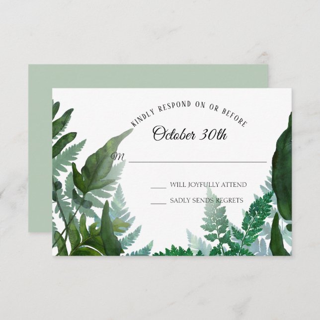 Invitación Sage RSVP Boda Helechos Bosque Follaje Hoja Hojas (Anverso / Reverso)