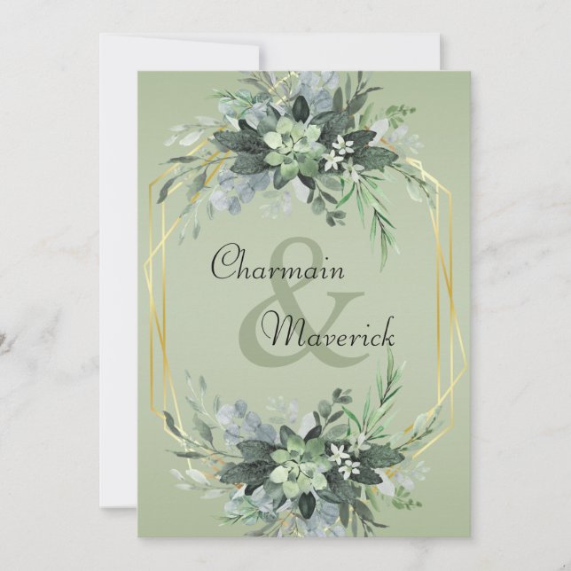 Invitación Sage Sage Green Modern Greenery Boarder Boda (Anverso)