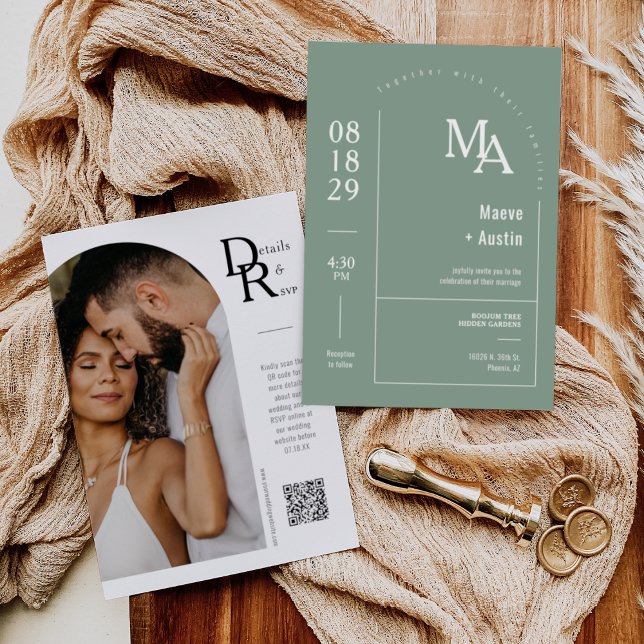 Invitación Sage Sage Green Modern Minimal Boho Arch QR Code (Subido por el creador)