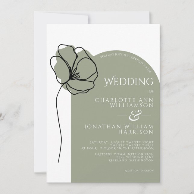 Invitación Sage Sage Green Moderno Arch Sketch floral (Anverso)