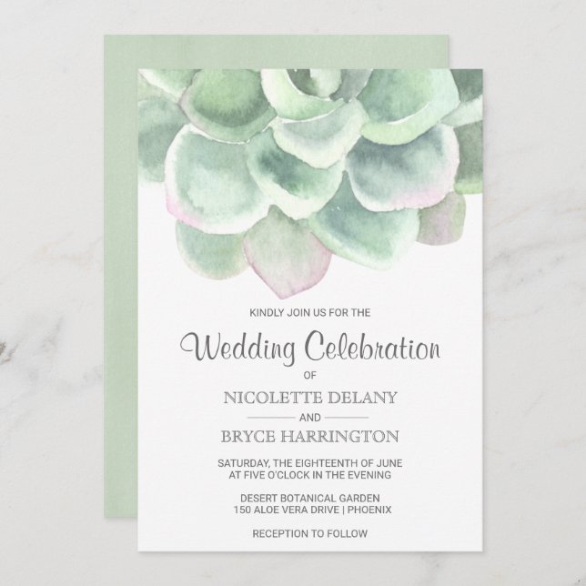 Invitación Sage Sage Green Watercolor Succulum Boda (Anverso / Reverso)