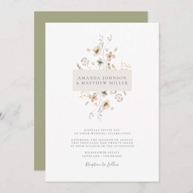 Invitación Sage Simple Minimal Elegante Boda Floral Presión (Anverso / Reverso)