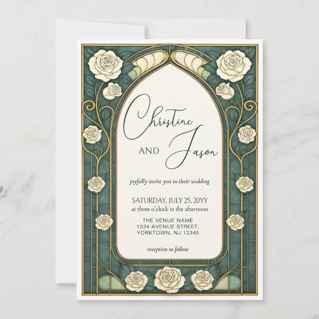 Invitación Sage Stained Glass Floral Art Nouveau Wedding  (Anverso)