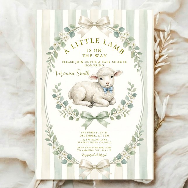 Invitación Sage Stripe Little watercolor Lamb Baby Shower (Subido por el creador)