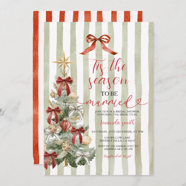 Invitación Sage Stripes Red Bow Christmas Tree Couple Wedding (Anverso / Reverso)