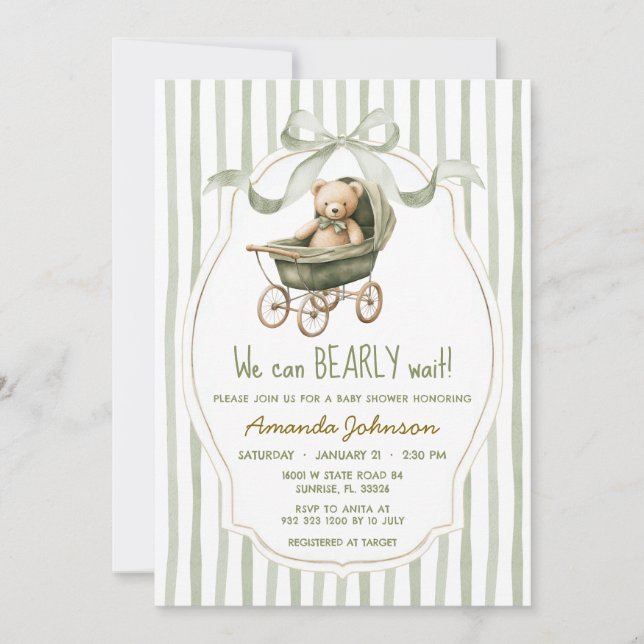 Invitación Sage Stroller Podemos Esperar Baby Shower (Anverso)