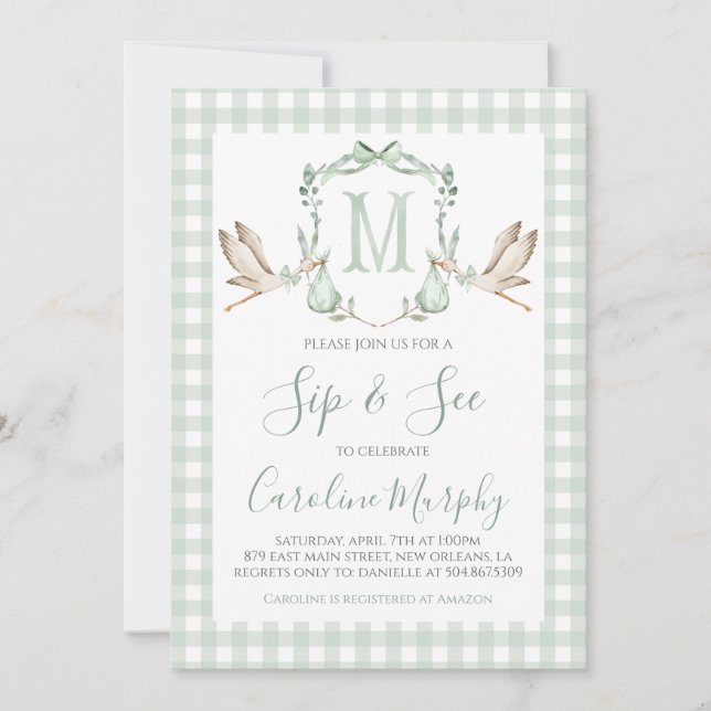 Invitación Sage Verde Cigüeña Sip & See Preppy Gingham (Anverso)