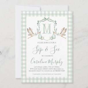 Invitación Sage Verde Cigüeña Sip & See Preppy Gingham