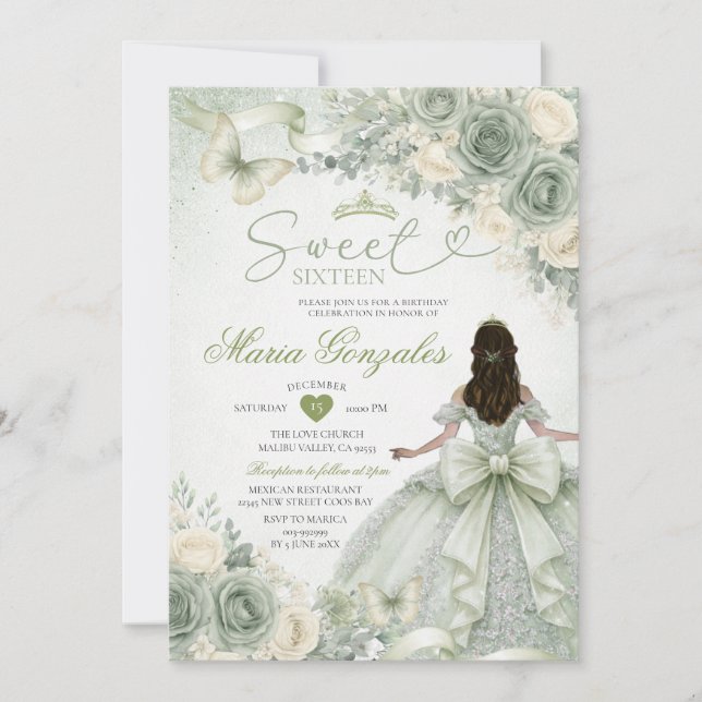 Invitación Sage Verde Floral Charra Princesa Cumple Dieciséis (Anverso)