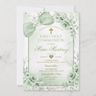 Invitación Sage Verde Floral Niño Primera Comunión