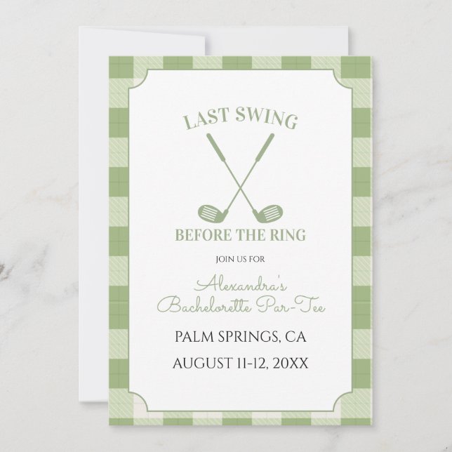 Invitación Sage Verde Gingham Golf Despedida de Soltera (Anverso)