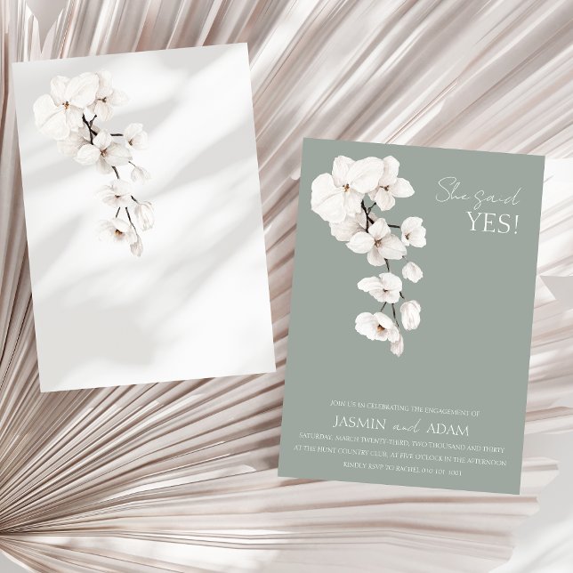 Invitación Sage Verde Orquídea Blanca Dijo Sí Anillo de Compr (Modern Sage Green White Orchids Wedding Engagement Party, She Said Yes! Invitation)