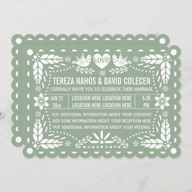 Invitación Sage verde papel picado amor pájaros fiesta boda (Anverso / Reverso)