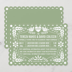 Invitación Sage verde papel picado amor pájaros fiesta boda