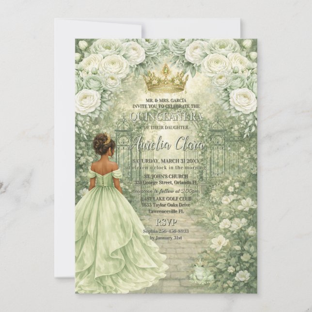 Invitación Sage Verde Princesa & Rana Cuento de Hadas Quincea (Anverso)