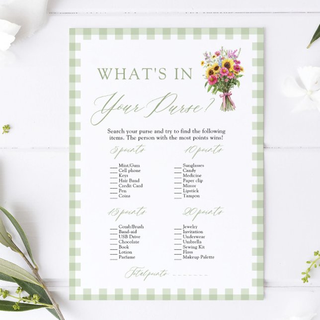 Invitación Sage Verde ¿Qué Hay en Tu Bolso? Juego para Desped (Sage Green What's In Your Purse Bridal Shower Game)
