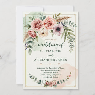 Invitación Sage Verde Rosa Polvorienta Botánico Elegante Boho