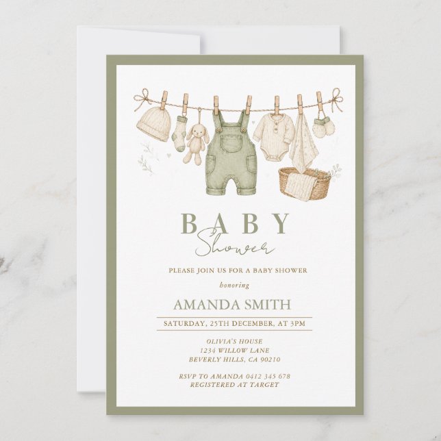Invitación Sage Verde Seca Colada De Ropa Colgante Para Bebé  (Anverso)