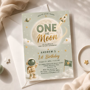 Invitación Sage Verde Uno Cumpleaños En La Luna Astronauta