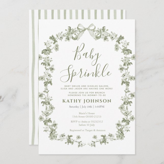 Invitación Sage Vintage Coquette Floral Baby Sprinkle (Anverso / Reverso)