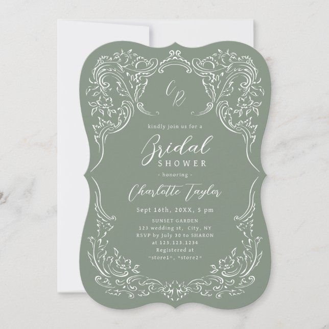 Invitación Sage Vintage Flourig Monograma Bridal Shower (Anverso)