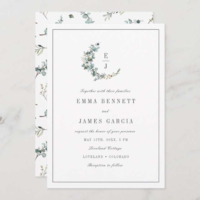Invitación Sage Watercolor Eucalyptus Wreath Monograma Boda (Anverso / Reverso)
