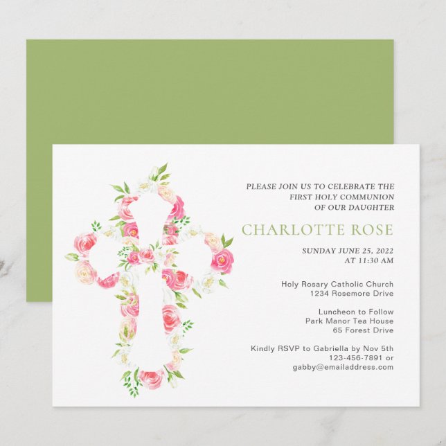 Invitación Sage Watercolor Floral Cross First Holy Communia (Anverso / Reverso)