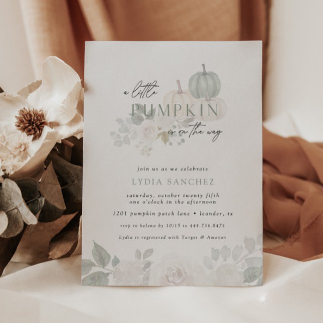Invitación Sage & White - Floral Calabaza Cae Baby Shower (Elegant modern fall baby shower designs.)
