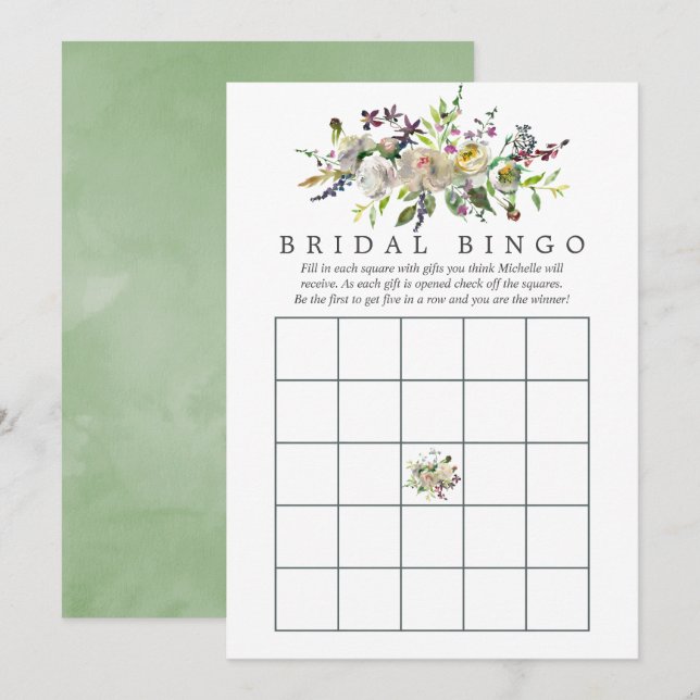 Invitación Sage & White Watercolor Floral Bridal Shower Bingo (Anverso / Reverso)