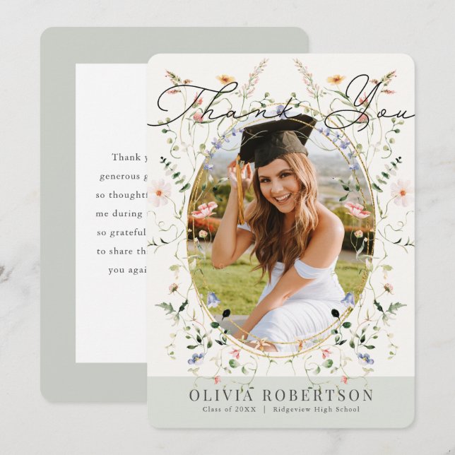 Invitación Sage Wildflower Photo Graduation Thank You Card (Anverso / Reverso)