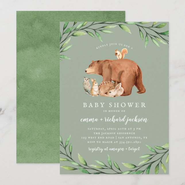 Invitación Sage Woodland Greenery Forest Animals Baby Shower (Anverso / Reverso)