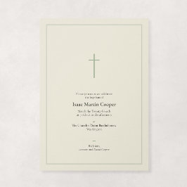 Invitación Sage y Crema Cruz Mínima Religiosa Bautizo
