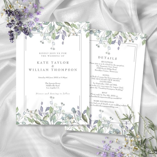 Invitación Sage Y Lilac Floral Todo En Un Boda (Sage And Lilac Floral All In One Wedding Invitation)